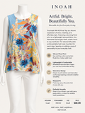 Colorful floral sleeveless top on a mannequin with product details and INOAH branding.