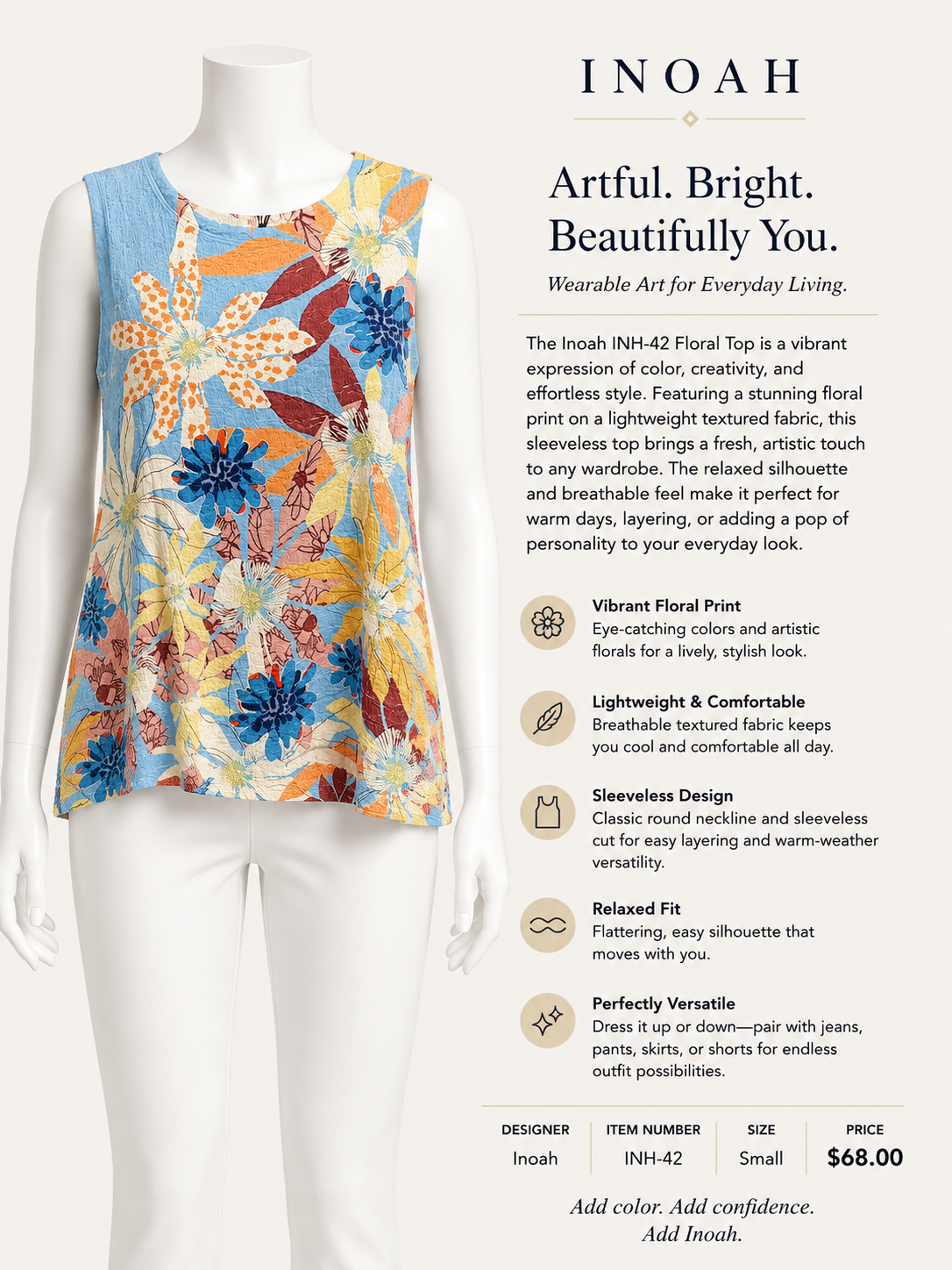 Colorful floral sleeveless top on a mannequin with product details and INOAH branding.