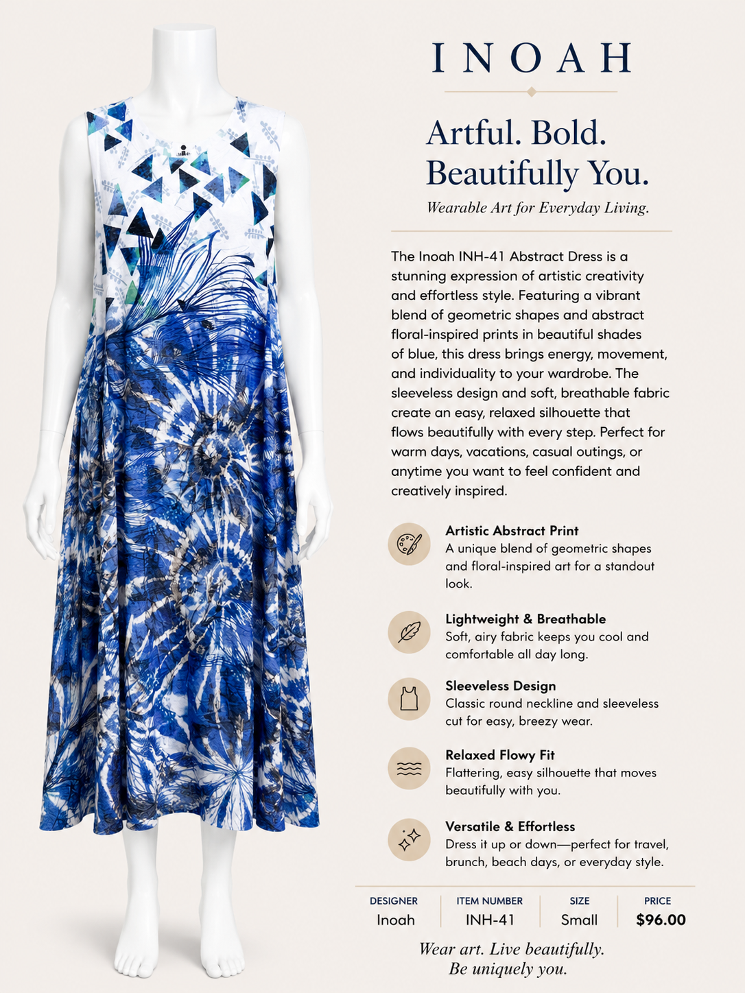 Mannequin wearing a blue and white abstract pattern dress with product details on a beige background.