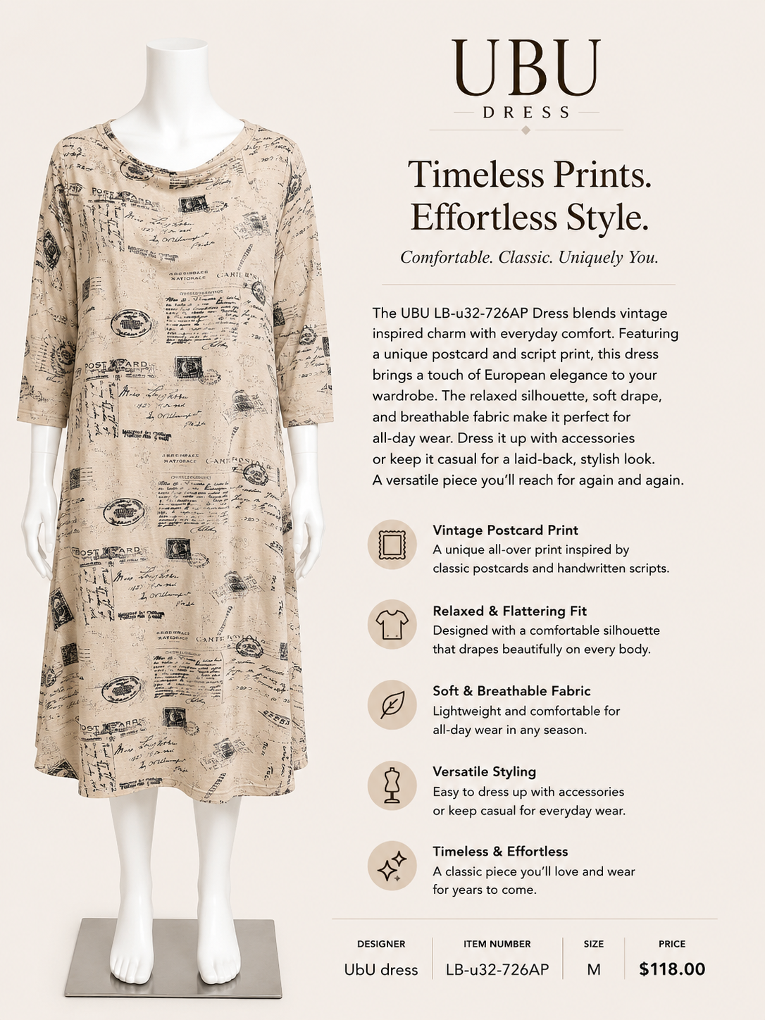 UBU dress with vintage postcard print on a mannequin against a white background