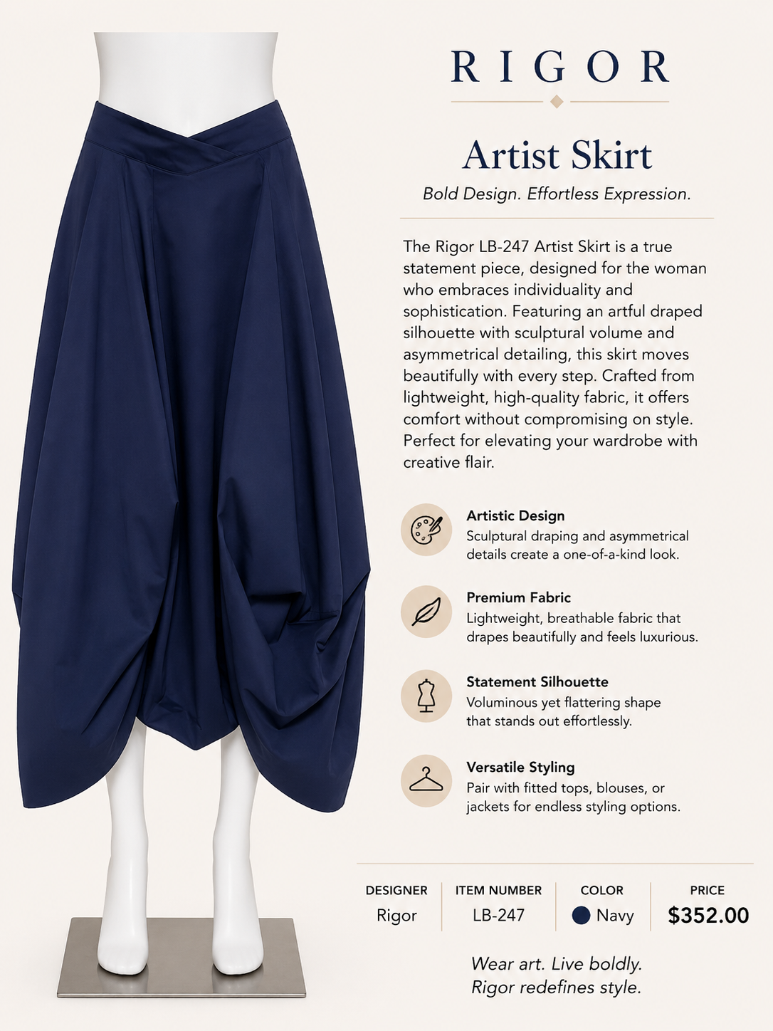 Navy blue skirt on a mannequin with Rigor branding and product details.